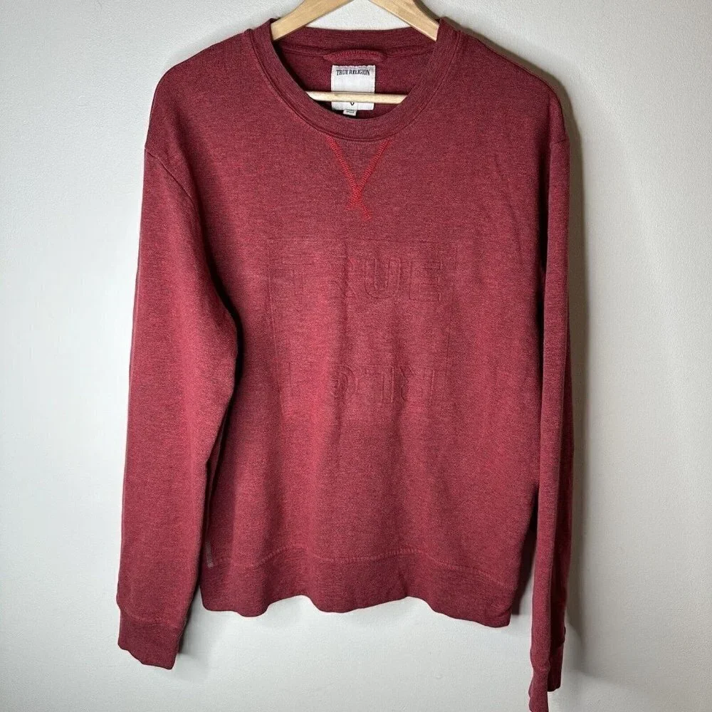 True Religion Sweater Men’s‎ Large Red Crew Neck Cotton Sweatshirt Logo Imprint